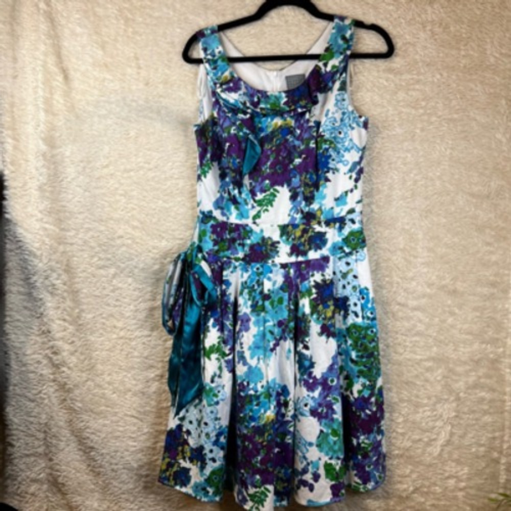 Rabbit Designs Womens A Line Dress Blue Floral Pleated Scoop Neck Sleeveless 10